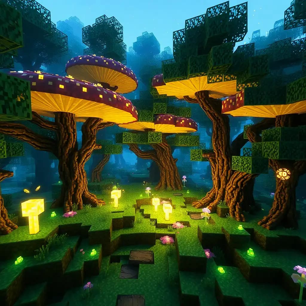 Minecraft Biomes: "An enchanted forest biome filled with giant glowing mushrooms, sparkling fireflies, and twisting trees with bioluminescent bark."
