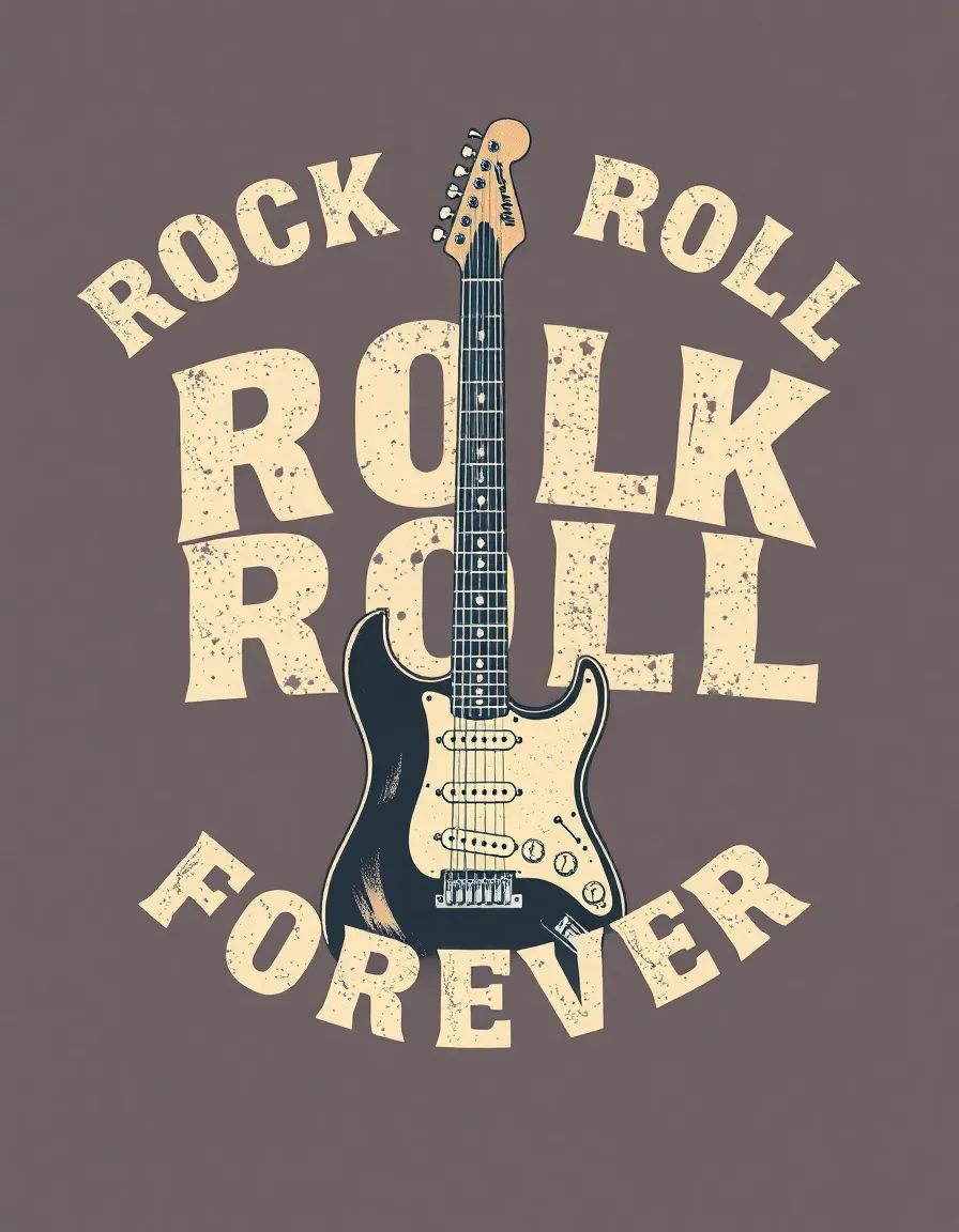 "Vintage retro t-shirt design, distressed typography 'Rock & Roll Forever', electric guitar illustration, 80s rock concert poster style, grunge texture, muted colors, centered design --vector --print ready --high resolution"