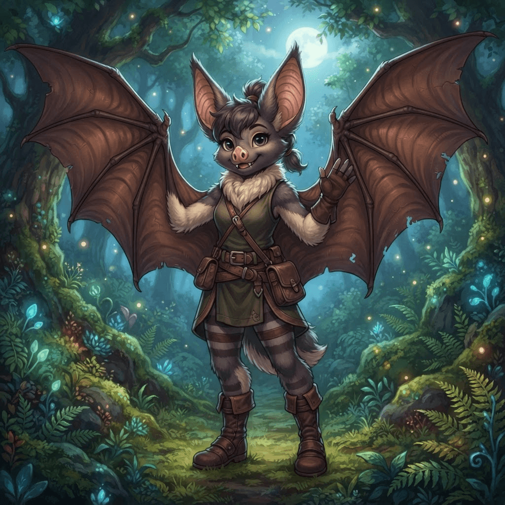 an anthro bat fursona with large ears, membrane wings and soft fur, full body