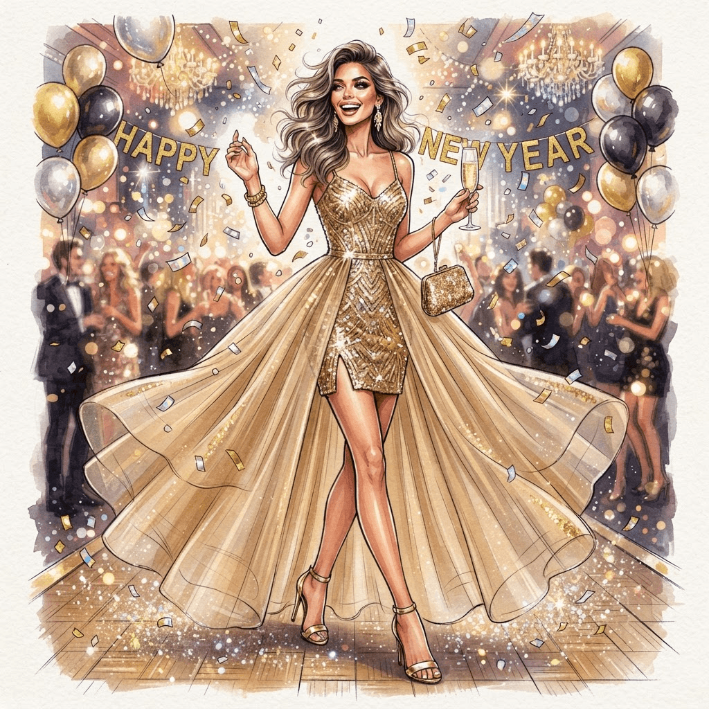 new years eve fashion, sequin mini dress, metallic gold confetti styling, full length gown look, fashion illustration, full body