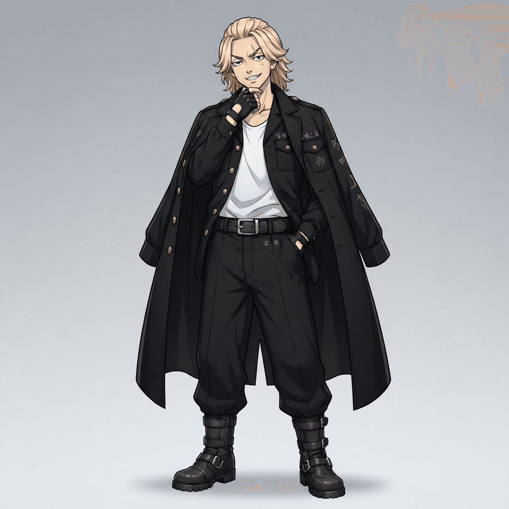 original delinquent gang leader character, young man with blond swept back hair, long black gang uniform coat draped over his shoulders, standing full body confident pose, modern shonen anime style, clean cel shading, bold lineart, soft grey gradient studio background, crisp high detail, no text, no words, no watermark