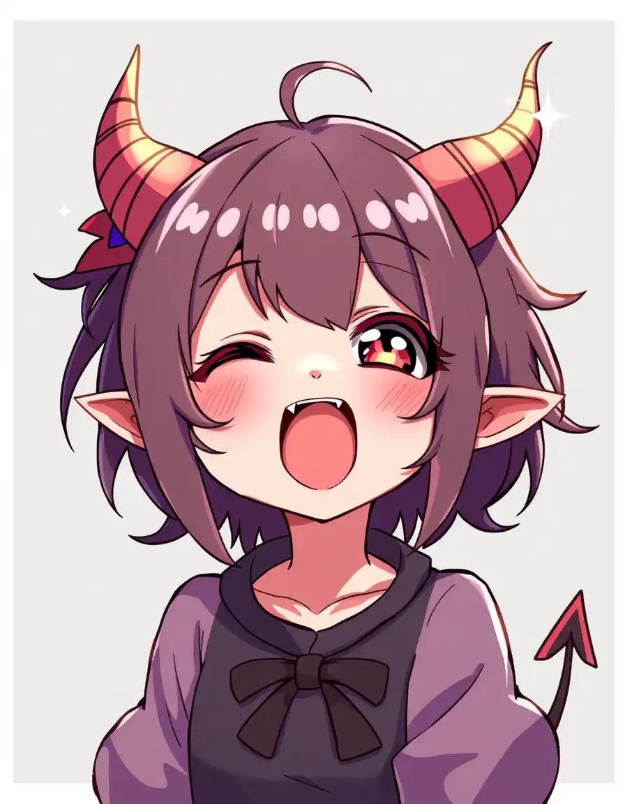 a playful, anime-style demon girl with an endearing smile and distinctive shiny, sparkling horns