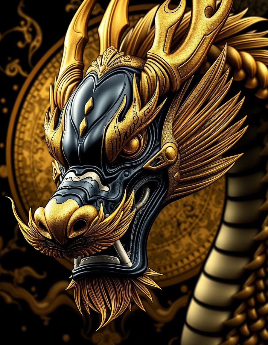 a close up of a dragon head with a gold and black background, dragon face, dragon art, detailed dragon, golden dragon, dragon head, smooth chinese dragon, dragon portrait, sleek dragon head, majestic japanese dragon, portrait of a dragon, extremely detailed and sharp, chinese dragon, black dragon, 8k high quality detailed art, cyborg dragon portrait, detailed art