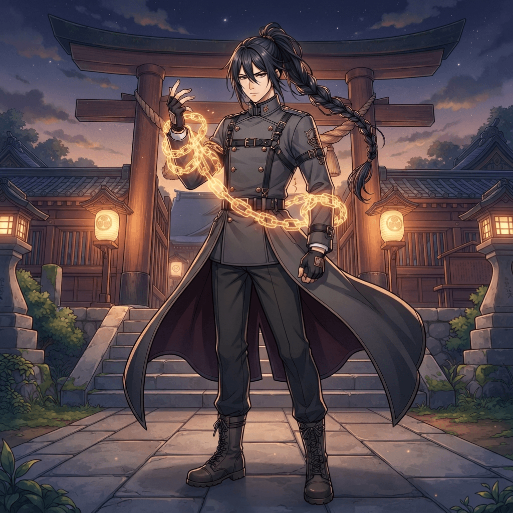 male sorcerer in a dark grey uniform jacket and long open coat, amber energy forming chain links around one arm, long dark braid, calm face, sharp modern anime line art, temple gate at dusk