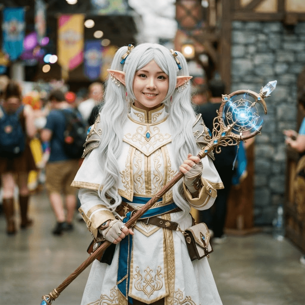 a small white haired elf mage with long twin tails in a white and gold robe holding a staff, cosplay portrait, waist up, detailed costume
