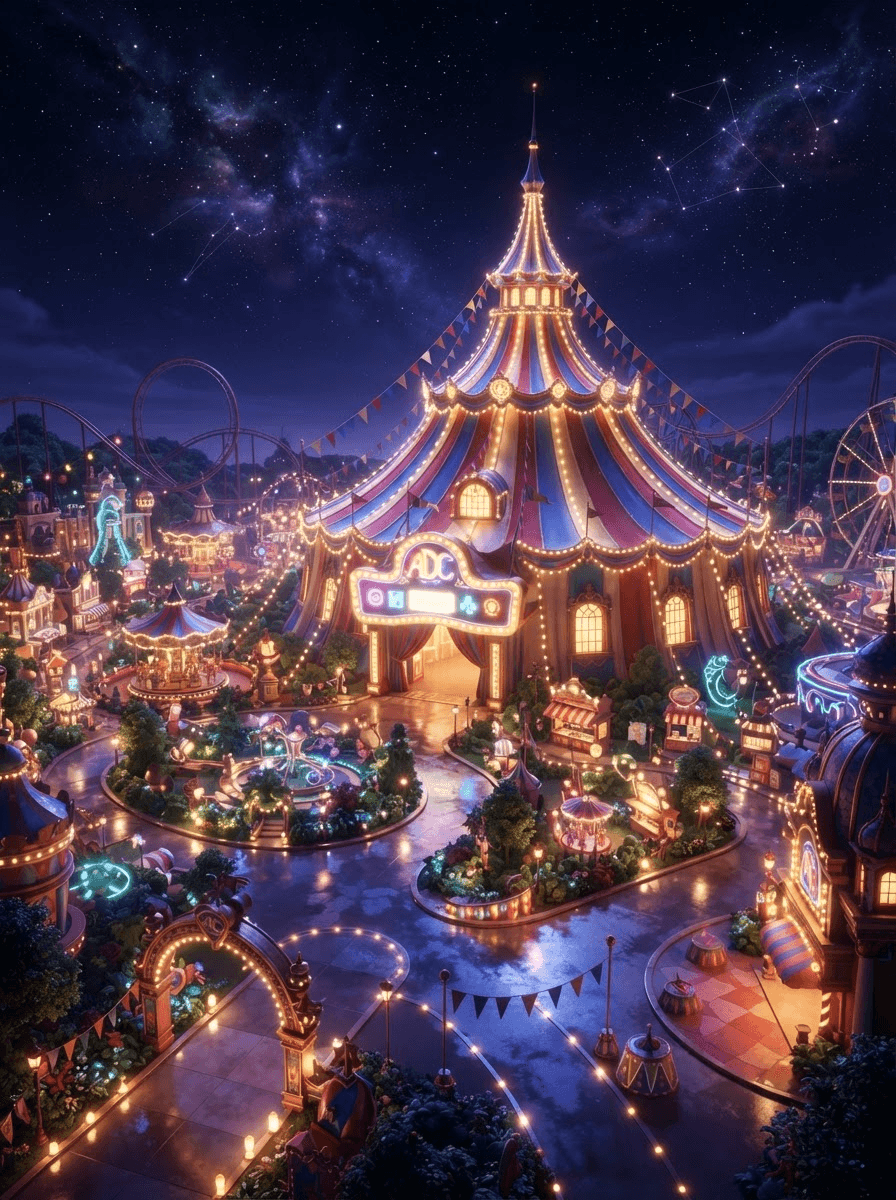 Amazing Digital Circus wallpaper scene, the grand big top tent at night with glowing lights, no characters in focus, wide sweeping vista, phone wallpaper composition, glossy 3D circus style, polished expressive 3D animation, bright colorful Amazing Digital Circus environment, no text, no logo, no watermark