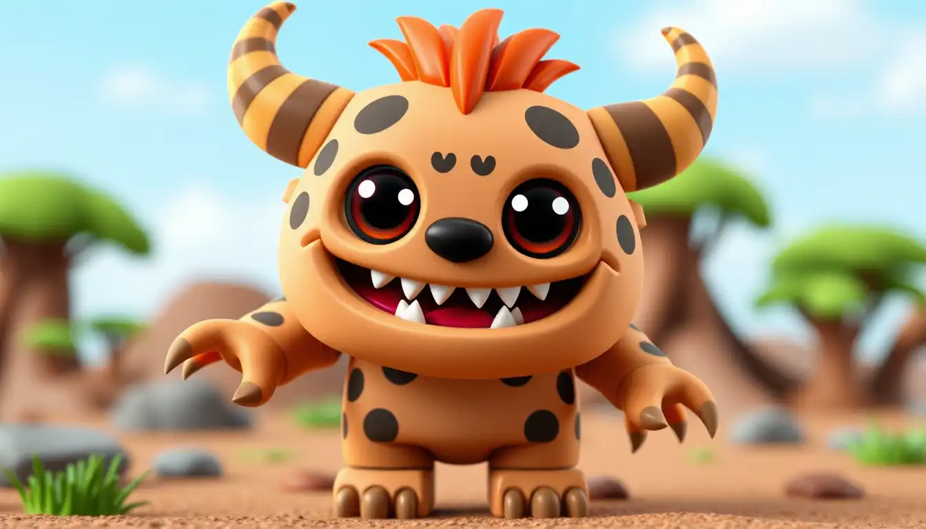 Create a unique animated Cute kid"Monster" Monster Roblox character  a playful expression, in the game Roblox brick style of a  African animal simulator.