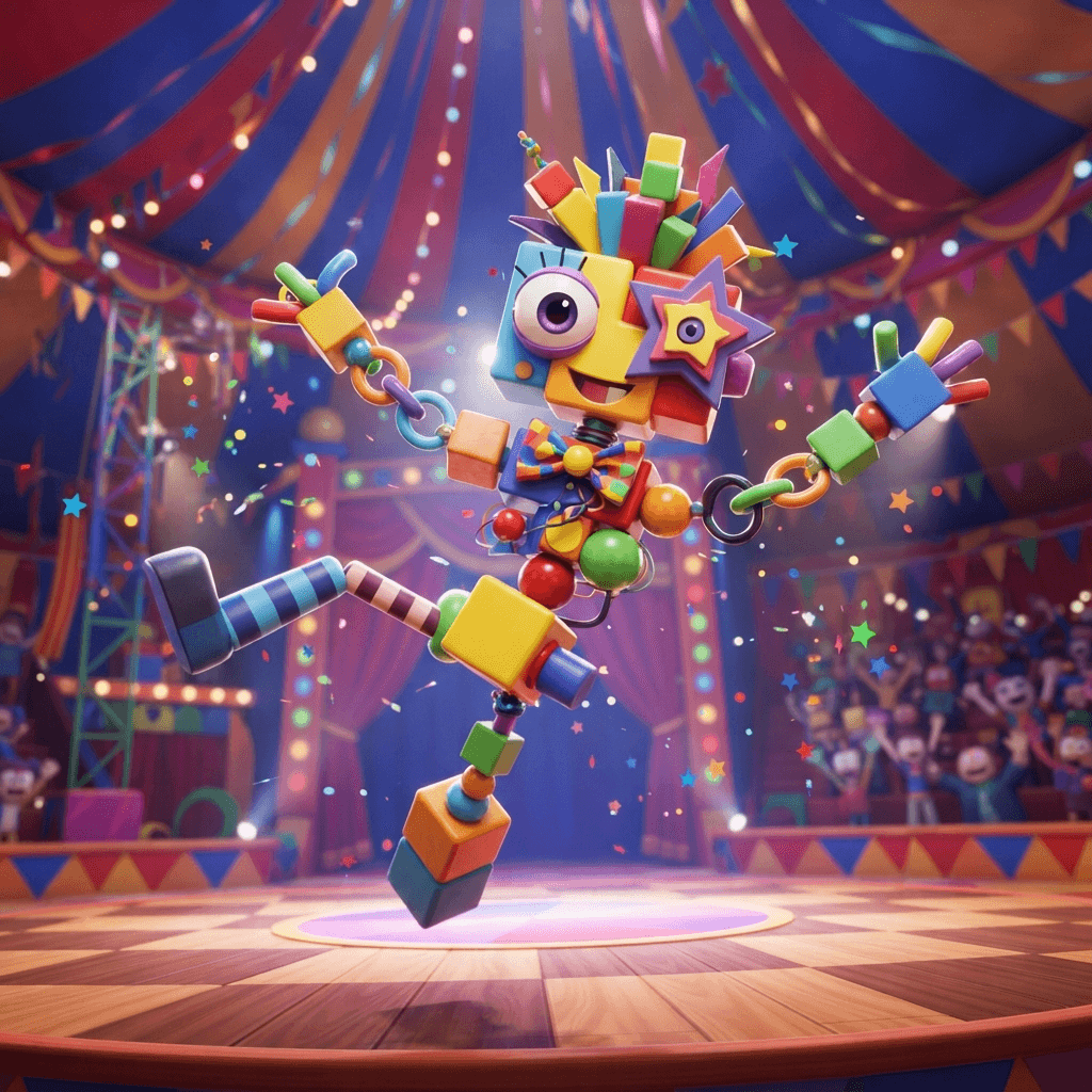 Zooble from The Amazing Digital Circus, abstract patchwork creature built from mismatched colorful toy blocks and shapes, big friendly eyes, dynamic playful action pose under the big top, glossy 3D circus style, polished expressive 3D animation, bright colorful Amazing Digital Circus environment, no text, no logo, no watermark