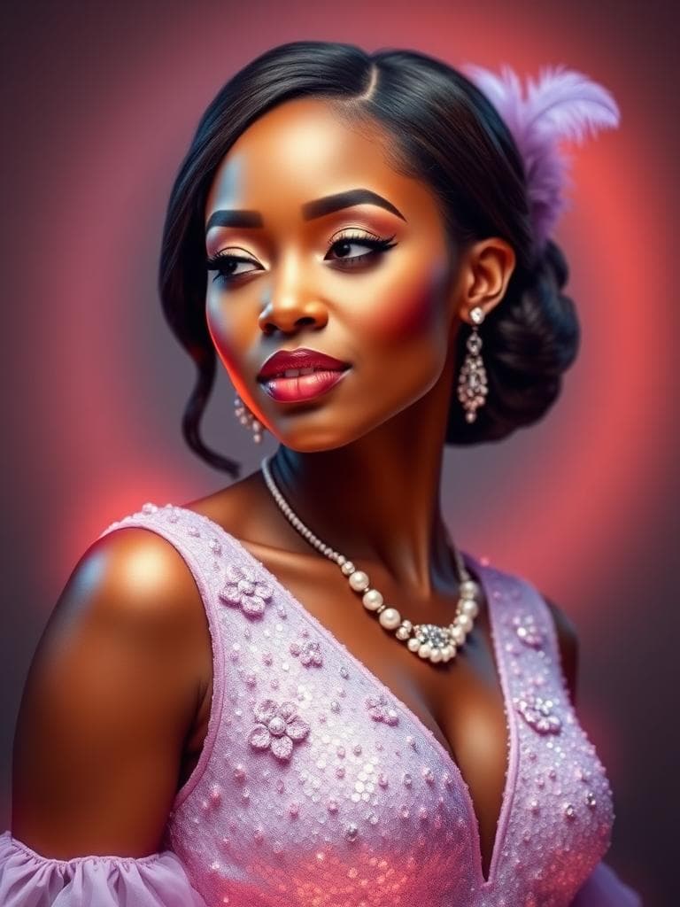 "Create a captivating digital art piece with a gradient rim light effect. The subject is a beautiful African American woman wearing a shiny, light purple sequined gown with beaded details. She has gold eyeshadow, red lips, and perfect brows. A diamond necklace and pearl earrings sparkle. Her hair is in a low bun with a feather accessory. Place her off-center in the frame. A soft, glowing light wraps around her edges, creating a halo effect that separates her from the background. The light is a warm, neon hue, gradating smoothly from light to dark. This accentuates her curves and the flow of her glamorous gown. Emphasize her elegant movement and the glow's depth, creating a sense of mystery and heroism."