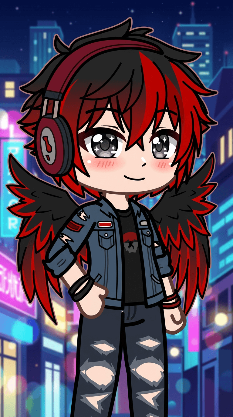 Original character in the Gacha Club art style: a chibi boy with big sparkly eyes, messy black and red hair, headphones, ripped jeans and a jacket with wings, thick clean outlines, flat colours, night city background. Portrait framing from the waist up, face in the upper third of the frame, one character only. No text, no logo, no watermark.