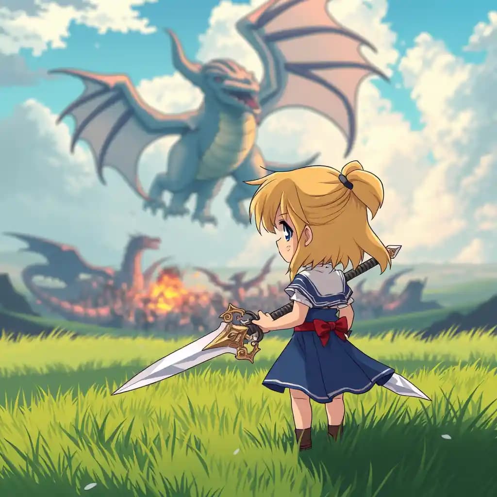 Tiny anime girl holding Cloud Strife's Buster Sword, overlooking a grassy field with a huge battle in the distant with giant dragons in the air.