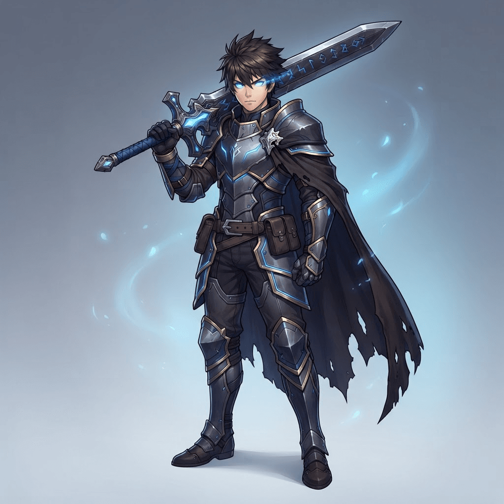 original JRPG hero character, spiky haired young swordsman in dark modern fantasy armor, large ornate greatsword, glowing blue eyes, full body