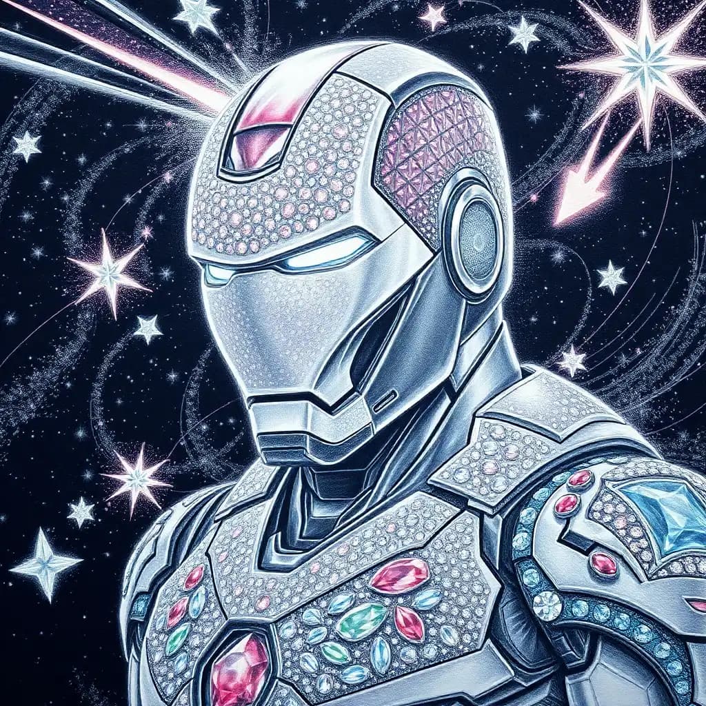 "a hyper-realistic, bejeweled and gem-like pencil sketch of the iron man, set against a backdrop of glittering, star-studded velvet. the iron man's suit is encrusted with thousands of sparkling diamonds, rubies, and emeralds, each one meticulously drawn to catch the light. his helmet is a glittering mosaic of sapphires and amethysts, with a giant, glowing ruby for a visor. the background is a swirling vortex of gemstones, with shooting stars and comets made of glittering opals and moonstones. the iron man's eyes gleam with a fierce, gemstone-like intensity, as if the very essence of the gems has been distilled into his being. the pencil lines are so fine and detailed, they seem to vibrate with the magic of the gems. the overall effect is one of breathtaking, bejeweled wonder, as if the iron man has been transformed into a living, breathing gemstone."