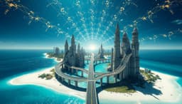 luminous curving road tunnel over a deep blue‑green lagoon and white‑sand shore, merging into an escher‑style surreal staircase cityscape of interlocking towers, bridges and impossible stairs rising from the water’s edge, all arranged in a radial composition that draws the eye toward a sharp central focus with elements radiating outward like mandala spokes; metallic gold, silver and copper tendrils trace lace‑like edges on the distant futuristic horizon, resin‑petri art cells bloom like pastel flowers, creating jewel‑like depth; radial composition emphasized, motion‑blur spokes reinforce the hypnotic expansion.