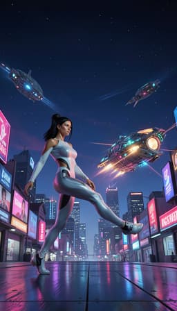 front‑on, a sleek cyborg woman with black straight hair and tanned skin stands amid a neon‑lit cityscape, a vast empty sky framing distant intergalactic ships. beside her, cyrana strides confidently to the left, her leg extended as she kicks a nearby intergalactic ship, launching it spinning faster across the sky, its hull glinting with luminous glow and casting soft reflections over the urban skyline. neon lights ripple across the scene, framing the dynamic interplay of motion and light.