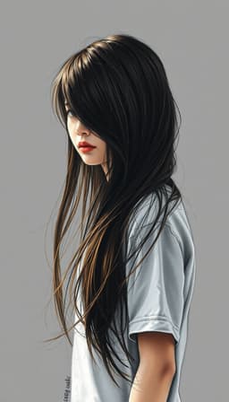 a photorealistic, sunny, magically dreamy scene of a girl with 90s dark brown long hair, a single strand swept across her gemini face, standing dramatically against a featureless dark grey background. the composition captures introspective calm in a windy atmosphere, with realistic lighting, soft shadows, and a sketch‑like texture of bold charcoal strokes and fine pencil details.