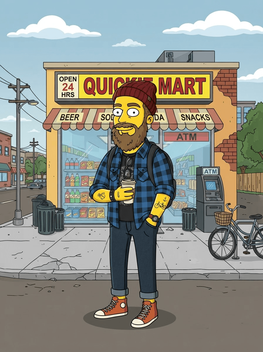 A bearded hipster as a flat 2D yellow cartoon character outside a convenience store