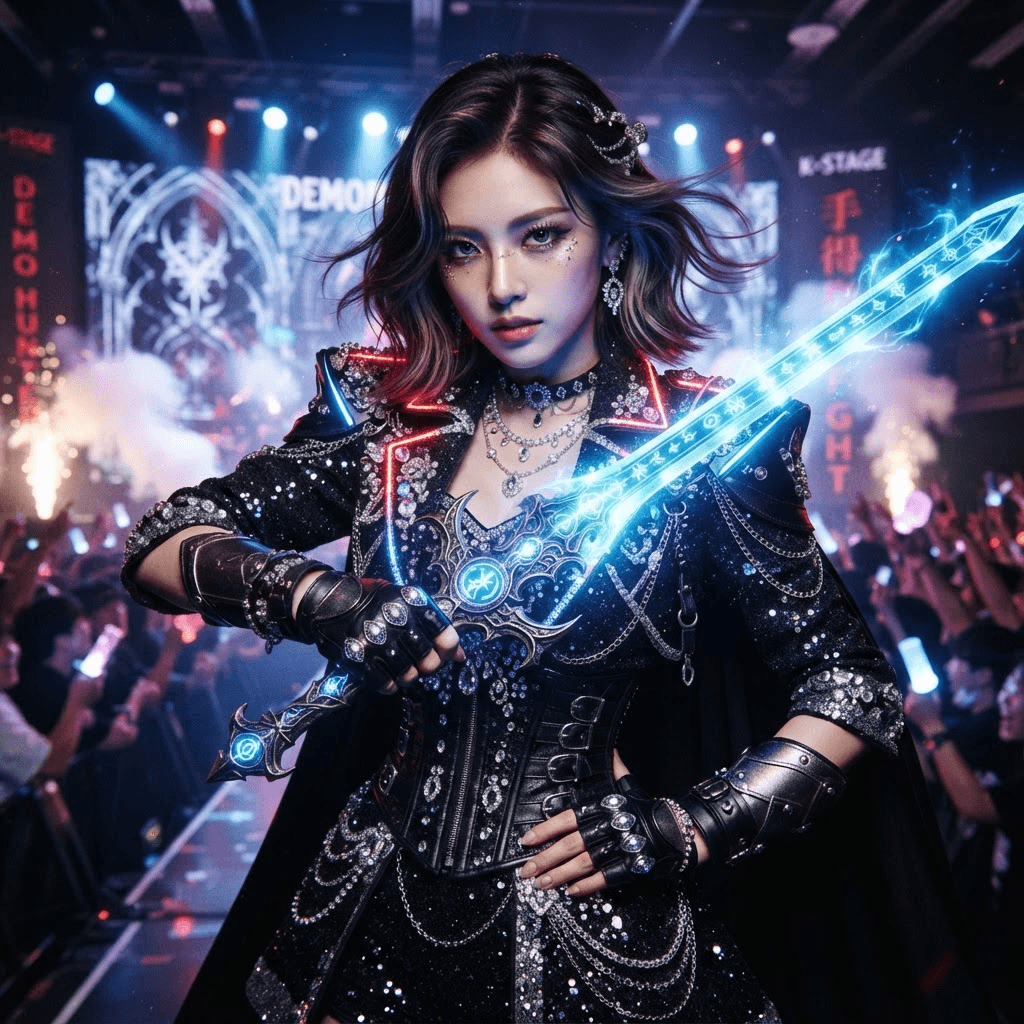 a kpop idol demon hunter in a sparkling stage outfit holding a glowing weapon, cosplay portrait, waist up, detailed costume