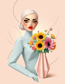 a fashion model with an origami‑paper body and crisp folded planes, posed beside a delicately folded paper vase holding a pastel bouquet of roses, sunflowers and daisies, in a winding trail composition that weaves through the frame, cartoonish almond‑shaped eyes with ultra‑long black winged eyeliner, bright yellow eyeshadow and vivid red‑orange lips outlined in thick black animation lines, chaotic lines and volumetric light glow in the background, fauvist style with bold brushstrokes and simplified shapes, dusty rose, faded teal, washed‑out cornflower, warm beige palette, slightly desaturated as if printed on aging paper, dusty rose, faded teal, washed‑out cornflower, warm beige palette.