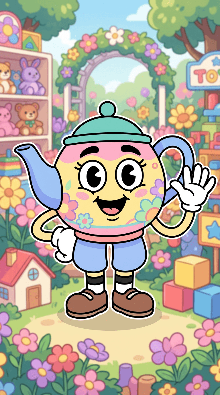 Original toon character in the art style of the Roblox game Dandy's World: a cheerful mascot toon shaped like a teapot with big round cartoon eyes, white gloves and stubby legs, flat pastel colours with thick clean outlines, rubber-hose cartoon look, colourful toy-store garden background. Portrait framing from the waist up, face in the upper third of the frame, one character only. No text, no logo, no watermark.