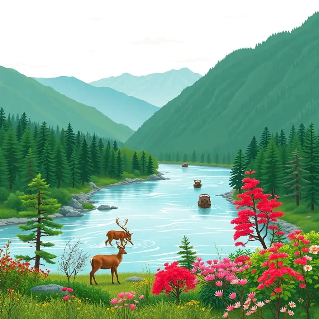 Summer scenery in Heilongjiang, China, with full colors and no blank space, flat drawing style, deer crossing the river in dense forests, red pine and pink mountain flowers, small boats on the water, distant volcanic groups, and varied mountain colors such as light green, dark green, and slightly yellow