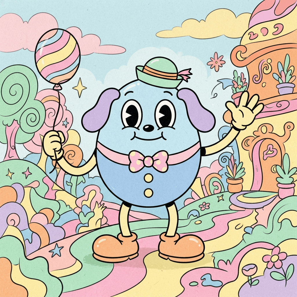 a cute round toon character base with oversized eyes and simple pastel shapes, rubber hose styling, different color scheme