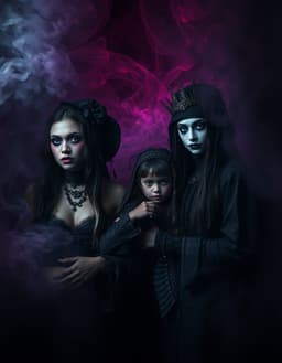 dark fantasy horror goth gypsy family in surreal warped space, their gypsy outfits and makeup rendered with folding geometry and impossible vanishing points, dim chiaroscuro lighting twisted into irregular chromatic gradients, smoky mist swirling like fluid glass, high‑contrast shadows that stretch and split, eerie glow shimmering between matte softness and glossy sheen, portraits captured in a dreamlike paradox of depth and texture.
