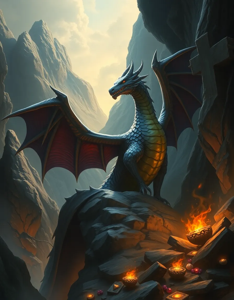 Fantasy Dragon in Mountain Lair: A majestic dragon perched in its mountain lair, hoarding treasure, dramatic lighting, and a sense of power and mystery.