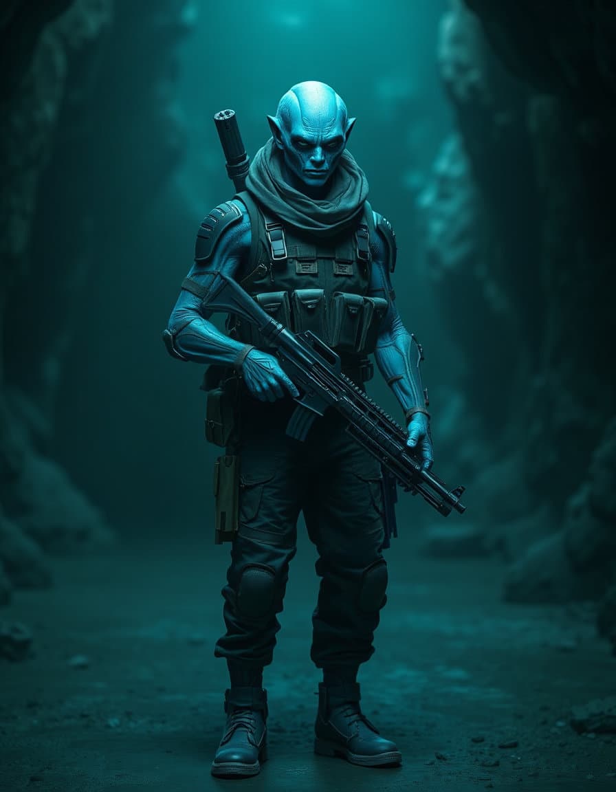 blue-skinned humanoid alien soldier, full-body character portrait, tactical vest and camouflage pants with gear and holstered weapon, standing in a futuristic cave base, cinematic sci-fi lighting, shallow depth of field, centered composition, moody teal and green color palette, realistic digital concept art