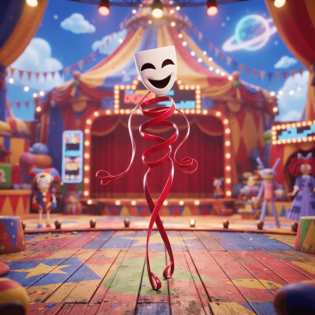 Gangle from The Amazing Digital Circus, slender red ribbon body, white theatre comedy mask face, graceful curling ribbon limbs, full-body portrait standing on the circus stage, glossy 3D circus style, polished expressive 3D animation, bright colorful Amazing Digital Circus environment, no text, no logo, no watermark