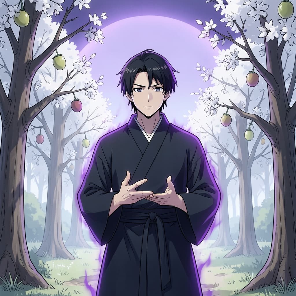 a calm sorcerer in a dark uniform standing in a white orchard, pale trees with no wind, fruit hanging still, a faint violet dome closing over the sky, hands in a sign, quiet dread