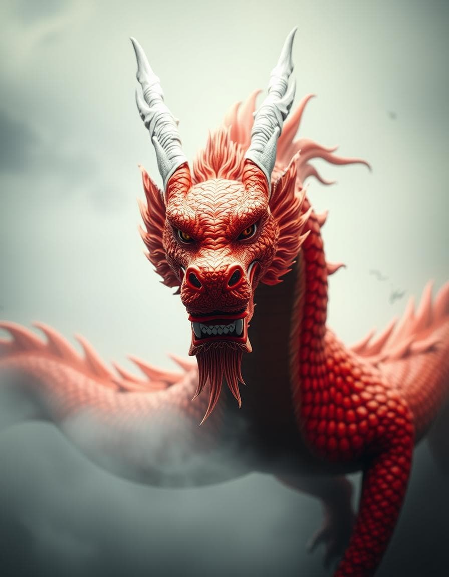 A majestic Chinese red dragon, detailed scales, fierce expression, front-facing pose, sharp white horns, flowing mane, standing in thick mystical fog, traditional Chinese art style, cinematic lighting, ultra detailed, hyper realistic, epic atmosphere."