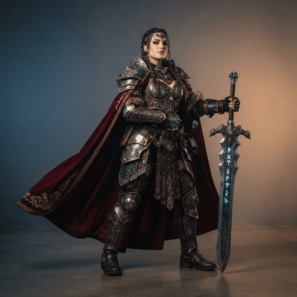 a bold cosplayer in an original fantasy warrior costume, ornate armor and flowing cape, full body, clean soft gradient studio background, cinematic studio lighting, crisp high detail