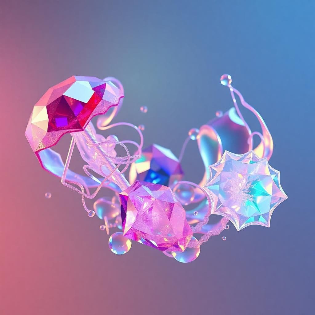 an ultra-rare, highly-detailed 3d render of an exquisite, bejeweled abstract composition suspended mid-air, without gravity's restraint. the delicate, translucent shapes radiate with an otherworldly sheen, reflecting a kaleidoscope of gemstone hues: ruby, emerald, sapphire, and amethyst. 

biomorphic forms resembling iridescent jellyfish, delicate seashells, and luminous coral now glisten like gemstones. geometric shapes evoke the facets of brilliant diamonds, echoing the intricate patterns of koi fish scales or the glowing bioluminescence of deep-sea creatures.

undulating, crystalline structures resemble frosty opals, while whisper-thin, ethereal filaments shimmer with an iridescent mother-of-pearl sheen. glinting, micro-precious gemstones the size of grains of sand freckle the composition, imbuing it with an air of cosmopolitan luxury. 

in this mesmerizing scene, the shapes transcend tangible realities: hovering without gravity, as if set free from earth's bounds, they burst into a radiance reminiscent of aurora borealis. the art style is reminiscent of surrealist marvels, bejeweled, shimmering.