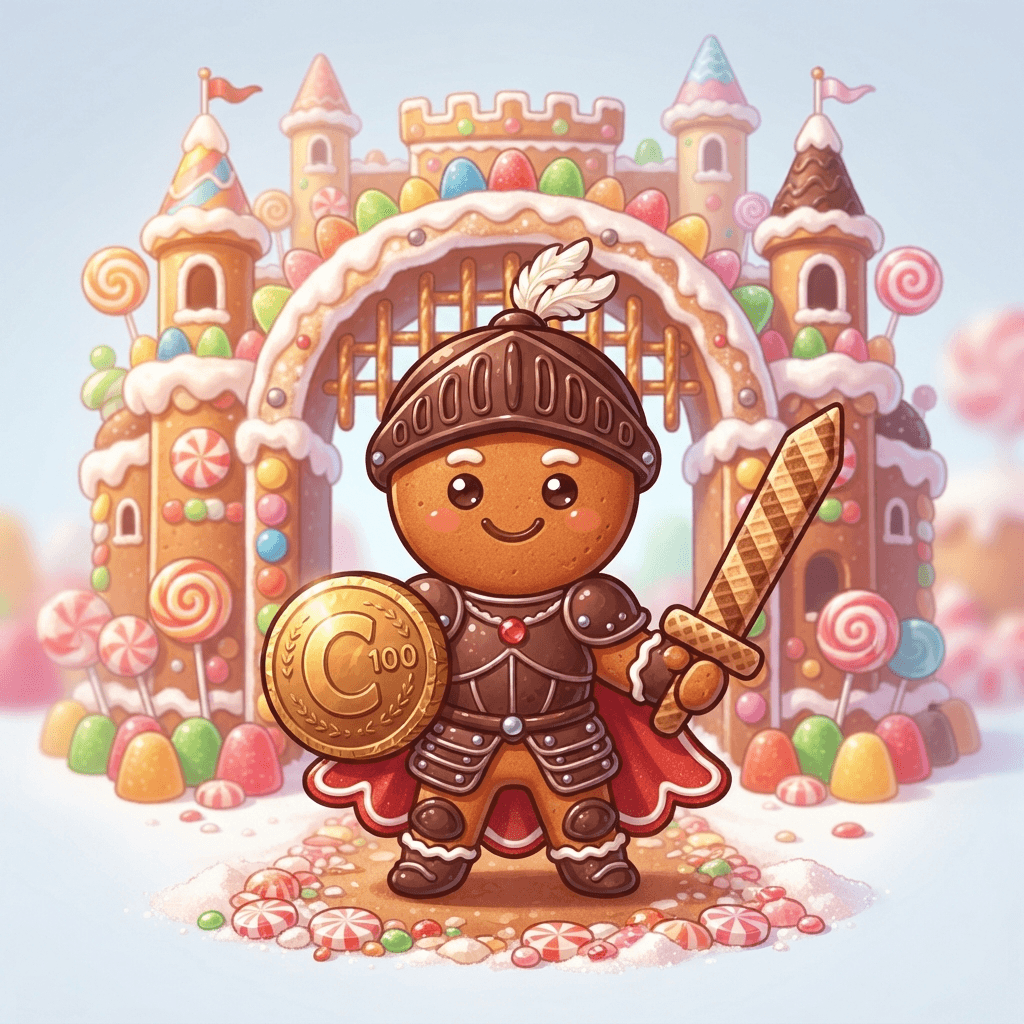 cute chibi gingerbread cookie person knight character with a rounded biscuit body, dark cocoa icing armour, a small round chocolate coin shield and a wafer sword, brave pose in front of a sugar castle gate, bright game art style, full body