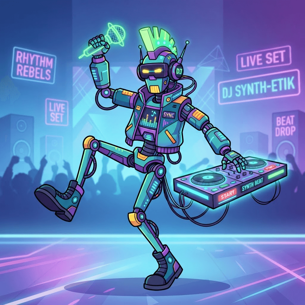 Original rhythm game character, robot DJ with neon green mohawk, glowing microphone, funky dance pose, bold 2D cartoon style