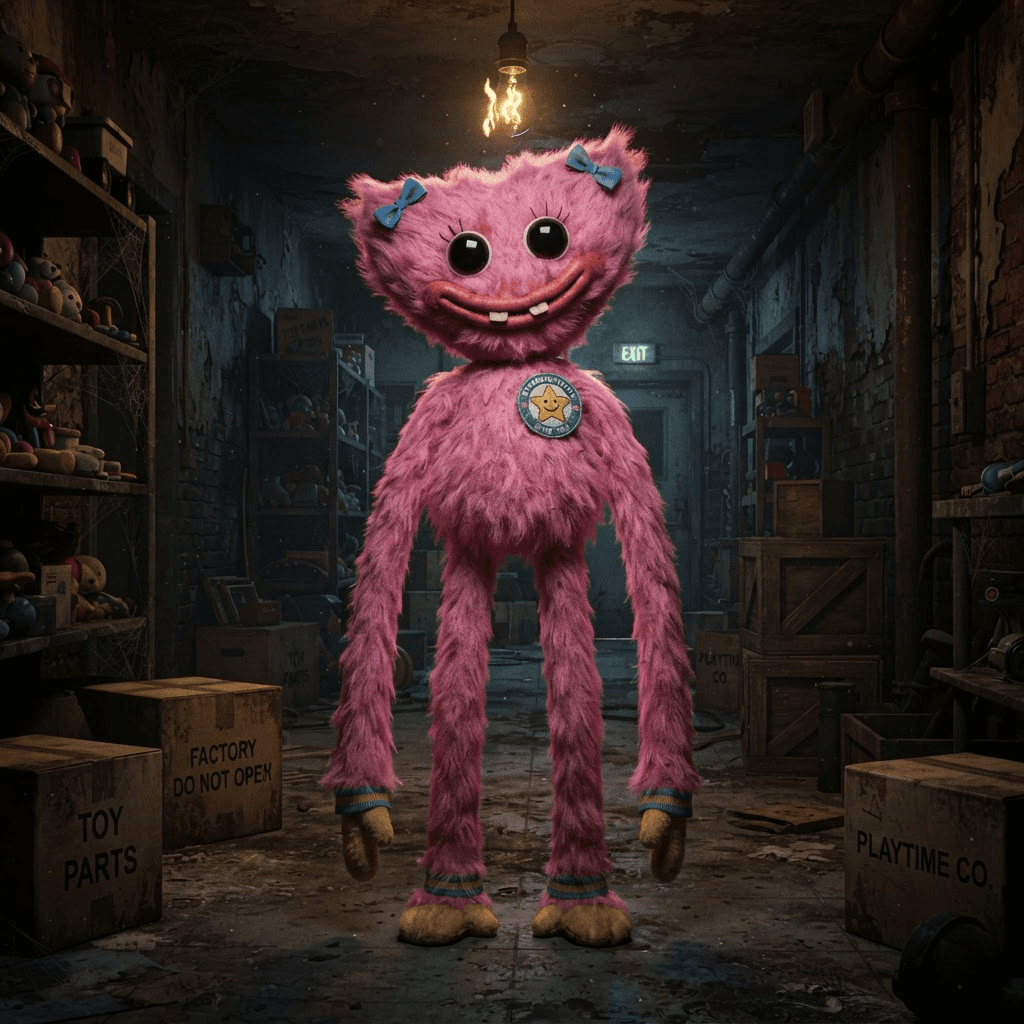 tall fuzzy plush toy mascot character, bubblegum pink fur, very long thin arms and legs, big round glass eyes that catch the light, wide stitched smile with small flat teeth, badge on chest with a smiling star factory logo, standing in a dim abandoned toy factory hallway with old cardboard boxes, one flickering light, slightly creepy but colourful, glossy 3D render, full body