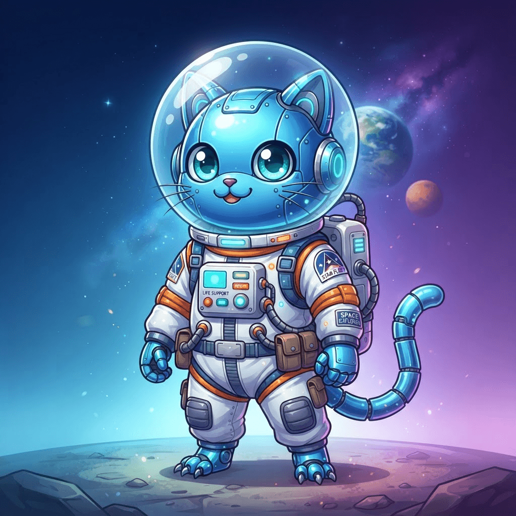 Original robot cat character in astronaut space suit, blue metallic body, round eyes, cute cartoon anime illustration style