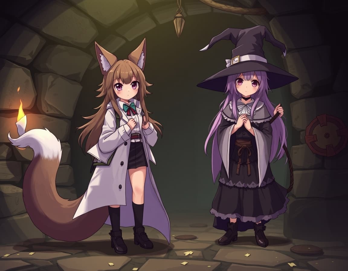 Anime style art dungeon setting 2 people: the scientist girl becomes a fury with wolf ears and a tail while the witch girl pets her