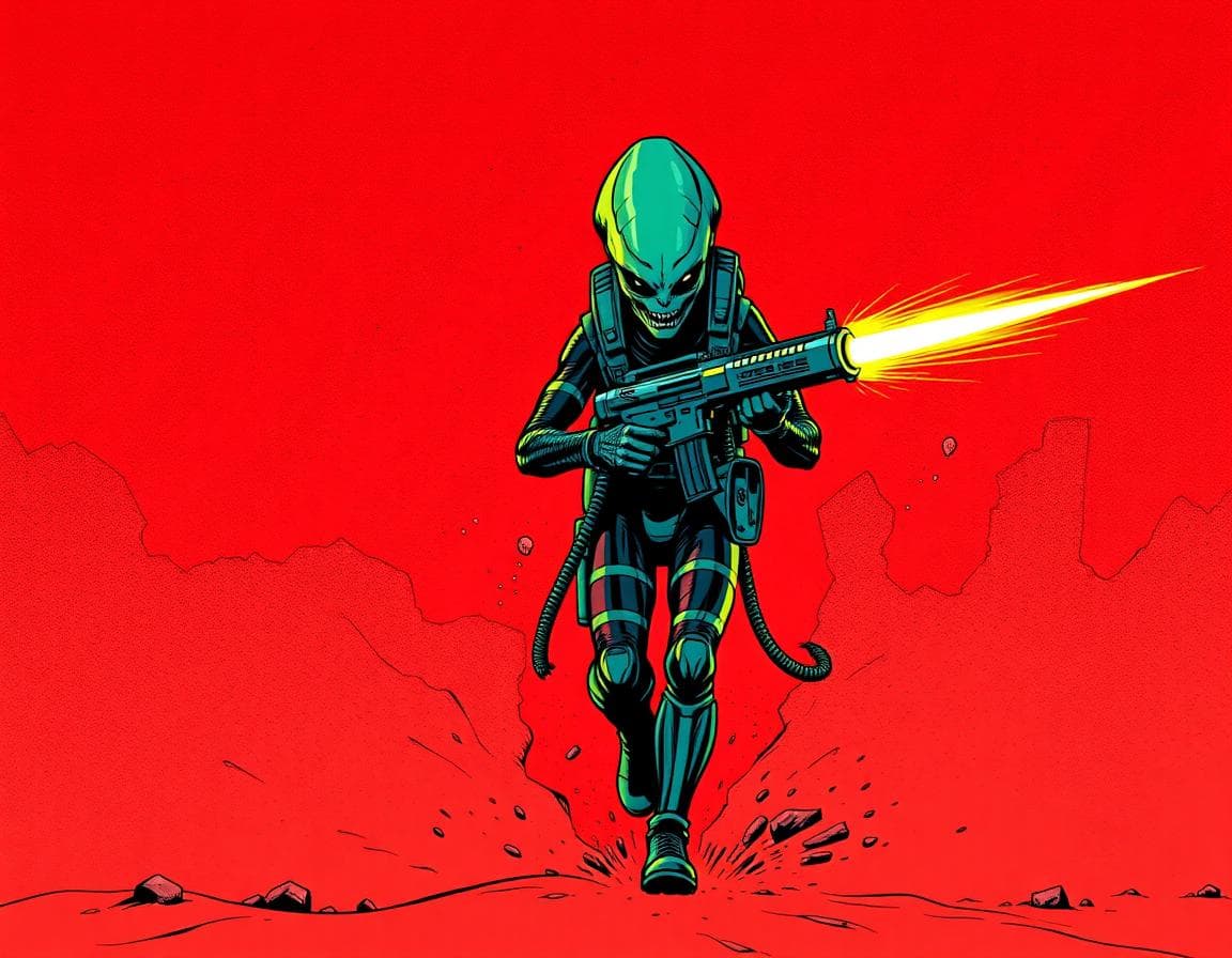 Alien bounty hunter with plasma gun walking through a red sandstorm, comic book style, thick ink outlines, bold colors, dramatic lighting, 1980s graphic novel style