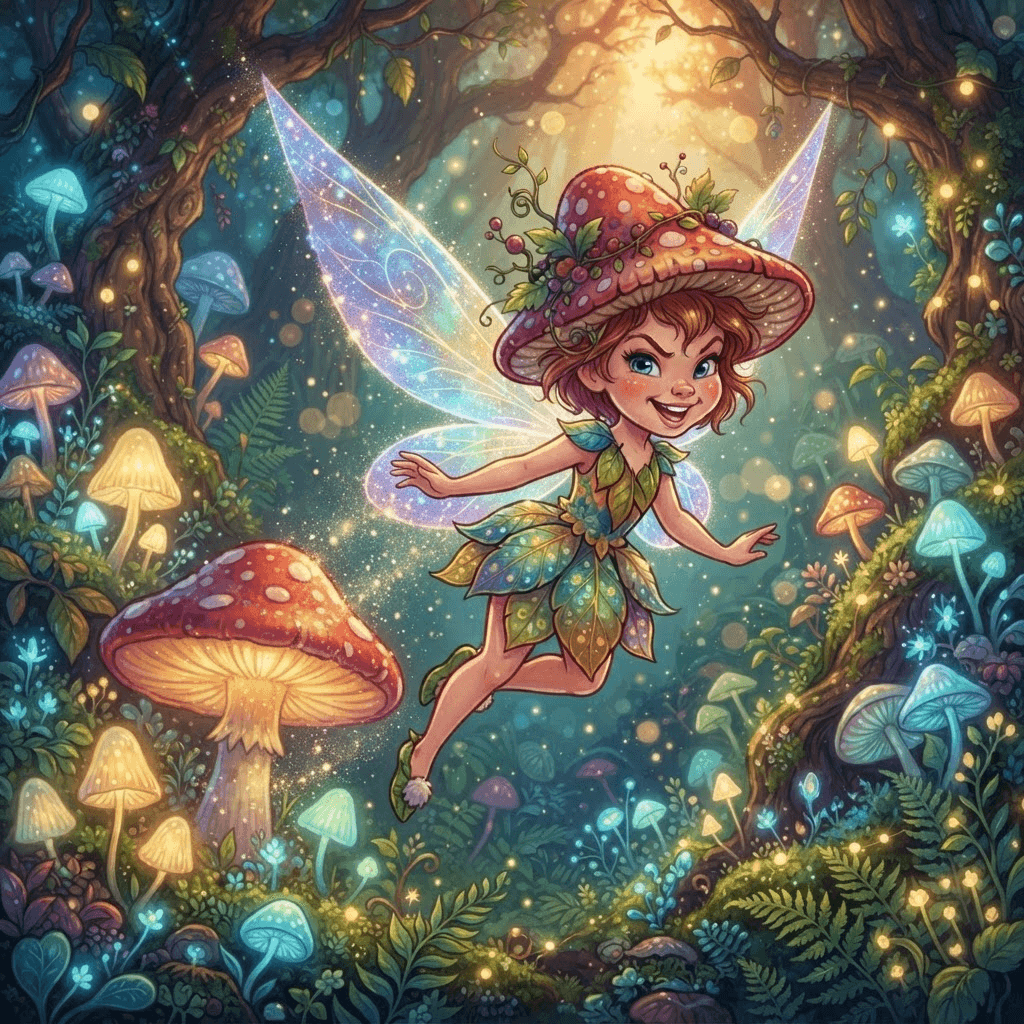 Disney-style original character, mischievous fairy sidekick with iridescent wings and a mushroom cap hat