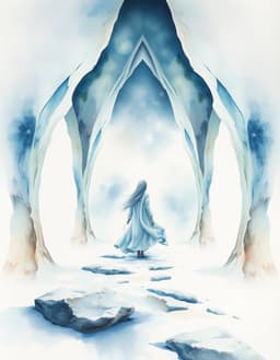 surreal watercolor dreamscape featuring a central ethereal figure in flowing robes beneath strange geometric arches, rendered in a dense glacier color treatment of pale cold blue‑white ice luminosity. delicate digital watercolor washes and liquid‑ink flows spread across a stark white canvas, fine‑liner detailing tracing whimsical patterns, subtle 3‑d elements emerging from the 2‑d surface, and muted earth tones swirling with iridescent highlights. the background glows with icy pastel light, deep shadows adding an eerie gothic atmosphere, all presented in stylized painterly matte textures with cel‑shading accents.
