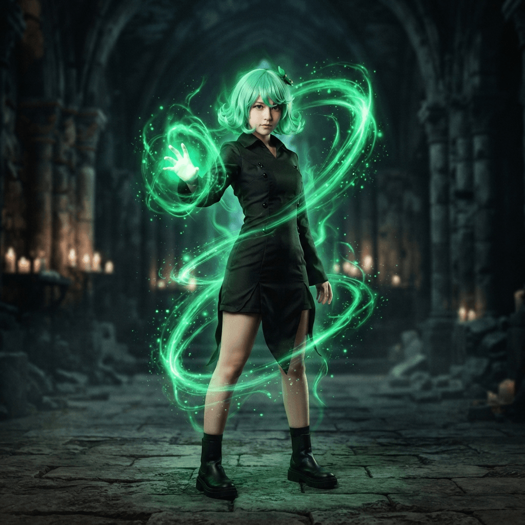 a small green haired esper in a fitted black dress surrounded by swirling green psychic aura, cosplay reference, full body, standing portrait