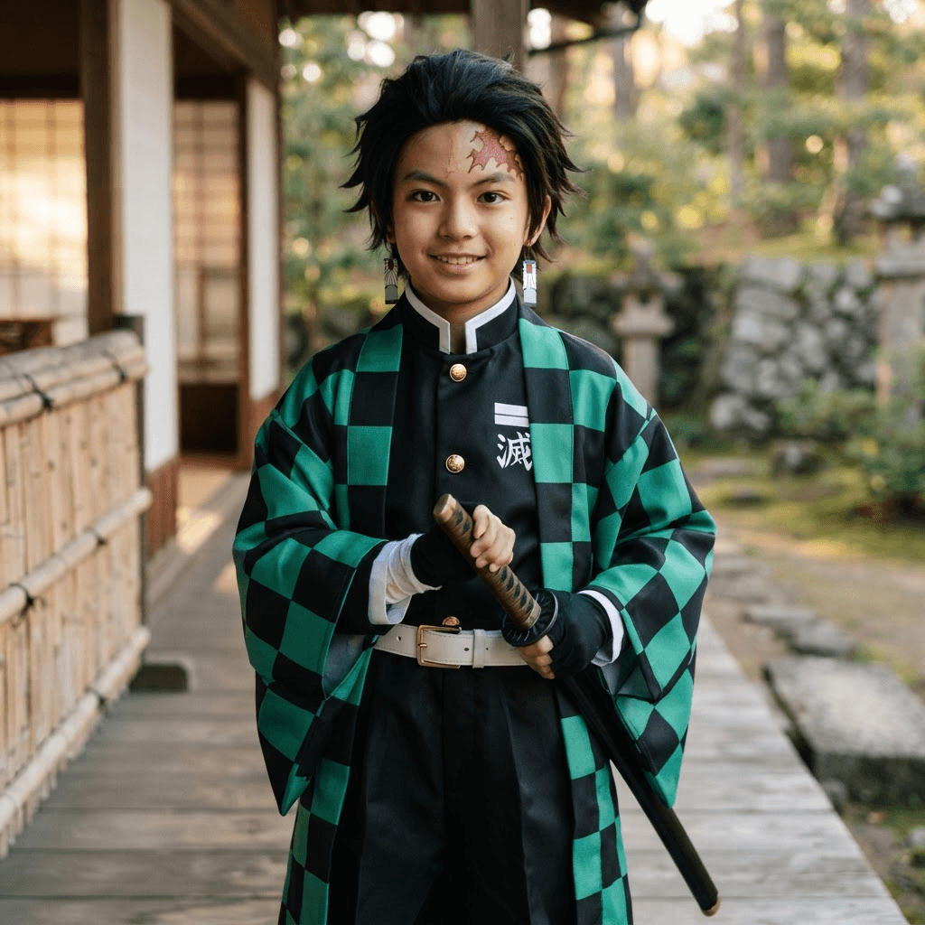 a boy with a scar on his forehead, hanafuda earrings, a black uniform and a green checkered haori, cosplay portrait, waist up, detailed costume