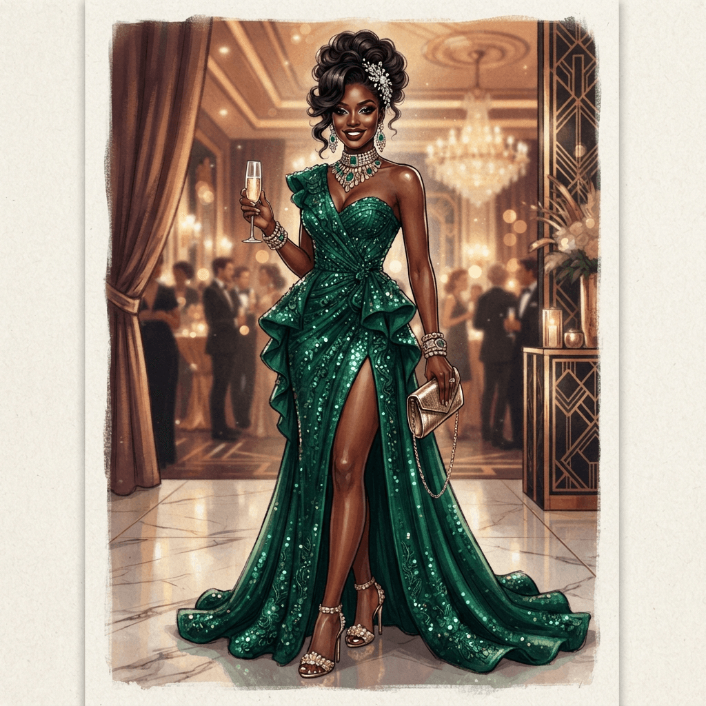 a dress to impress style fashion look, full outfit with hair and accessories, styled with statement accessories, fashion illustration, full body