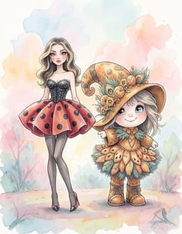 Watercolor Vogue: a stylized scene where Ladybug-fa and Pumpkin Witch stand side by side, each outlined in ink and filled with soft watercolor washes. Pastel colors blend into blurred textures, casting a gentle, dreamy light on their surroundings. The two characters occupy their own spaces in the frame, positioned slightly offset to create visual balance. Their expressions are calm, eyes reflecting the muted palette, while subtle ink lines suggest delicate features from the reference images. The background is an abstract watercolor backdrop of pastel clouds and hazy foliage, integrating the figures naturally into the airy atmosphere. The overall composition retains the Vogue-inspired aesthetic, emphasizing elegant poses and the ethereal quality of the watercolor medium.
