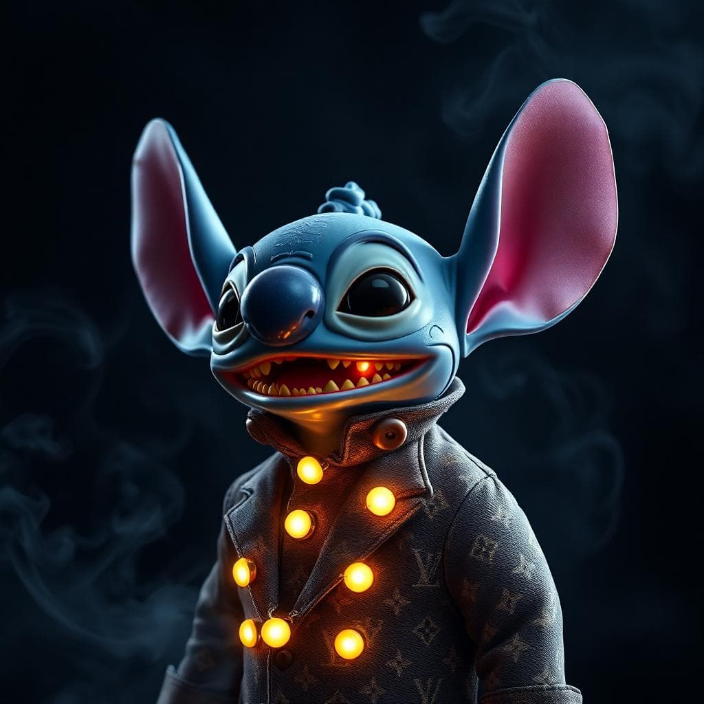 ULTRA REALISTIC STITCH DRESSED IN LOUIS VUITTON WITH LIGHTS AND SMOKE