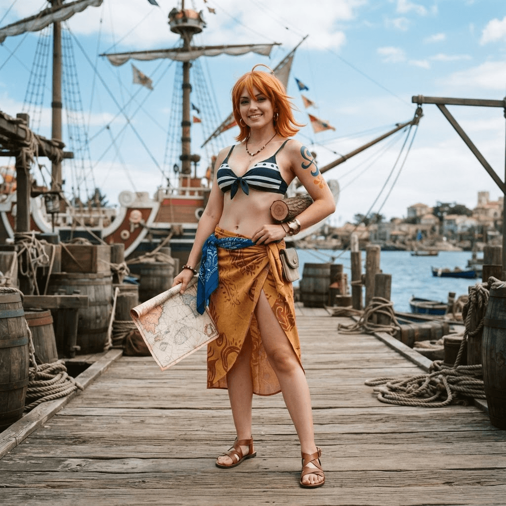 an orange haired navigator in a bikini top and wrap skirt with a pinwheel tattoo on her arm, cosplay reference, full body, standing portrait