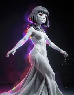 midnightgaze, a colossal sand art sculpture of a tall slender female vampire rendered in white and grey grains, captured mid‑twirl from a low‑angle view, holographic prismatic style with iridescent rainbow‑shifting surfaces, fluid violet‑to‑red spectral halos and chrome‑reflective dark background, fine black bob hair, high dark sand collar, pale skin and deep red eyes defined by contrasting sand texture.