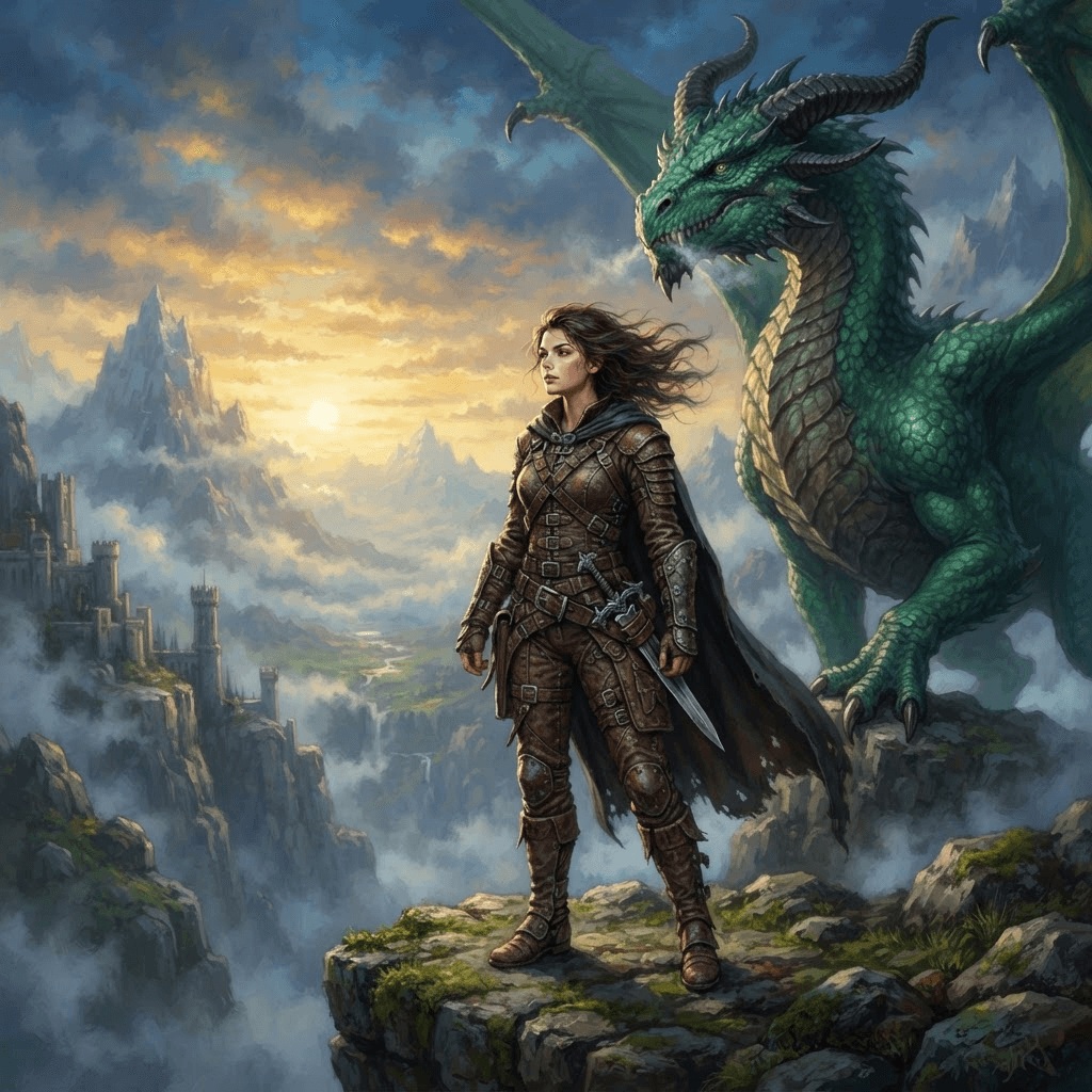 young woman dragon rider in worn brown leather flight gear with straps and buckles, dagger at her hip, wind-blown dark hair, standing on high war-college cliffs at dawn, a large emerald green dragon with curved horns looming behind her, mist and dramatic sky, painterly fantasy book cover illustration, full body